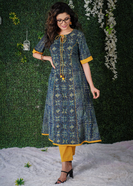 Indigo Blue Kurta with Mustard Detailing