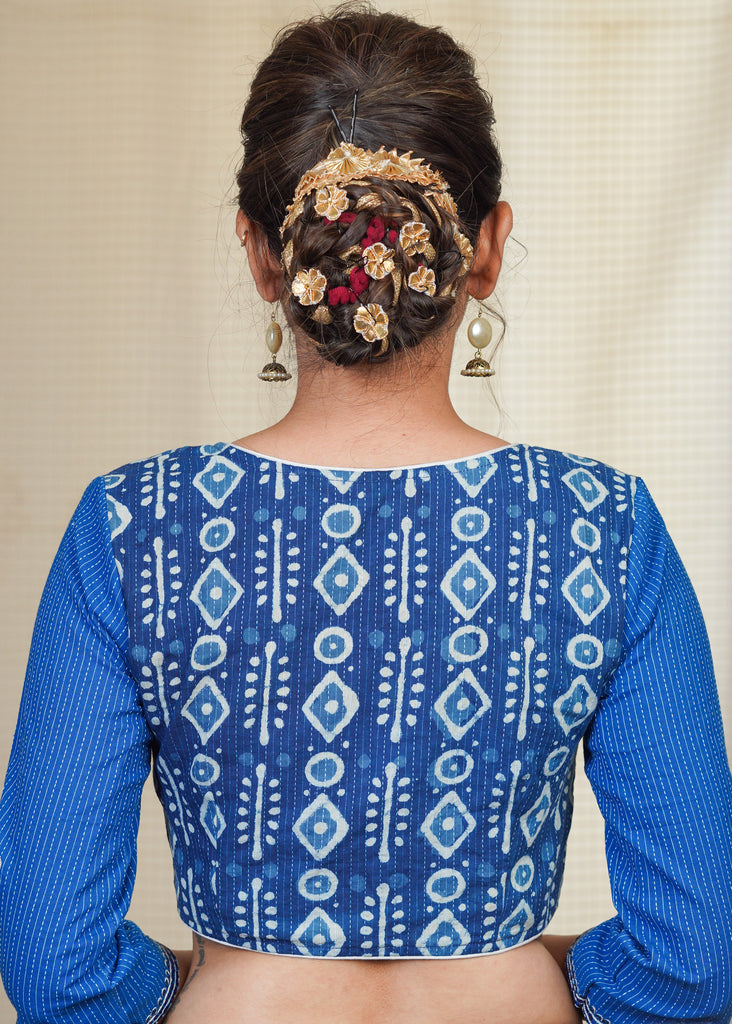 Cotton Indigo Blouse With Emdroidered Sleeve and designer cuts at Front and sleeves