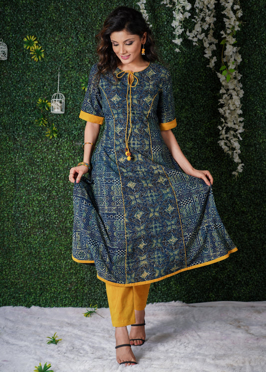Indigo Blue Kurta with Mustard Detailing