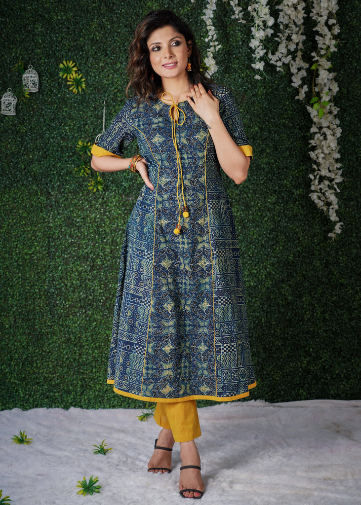 Indigo Blue Kurta with Mustard Detailing