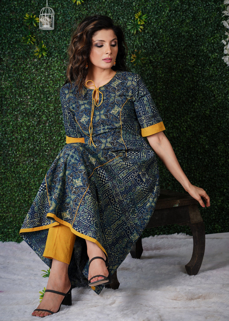 Indigo Blue Kurta with Mustard Detailing