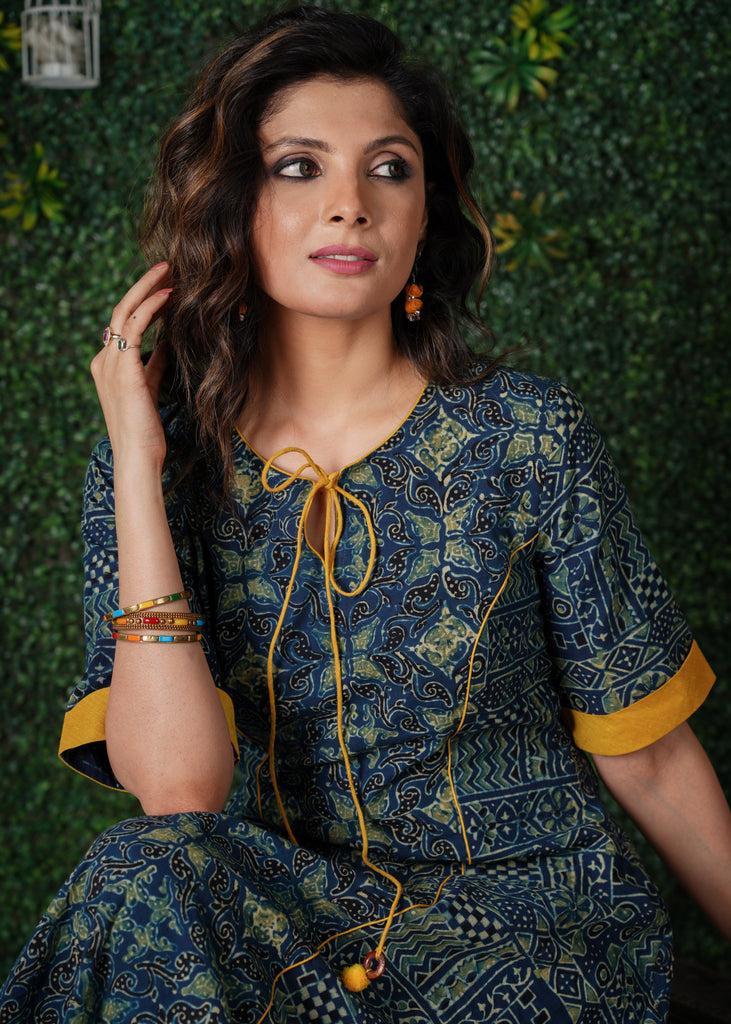 Indigo Blue Kurta with Mustard Detailing