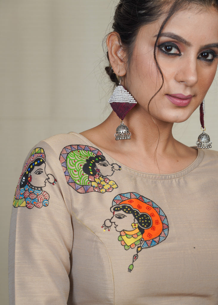 Beige Cotton Silk Blouse with Hand Painted Gond Work