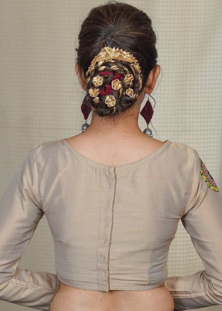 Beige Cotton Silk Blouse with Hand Painted Gond Work