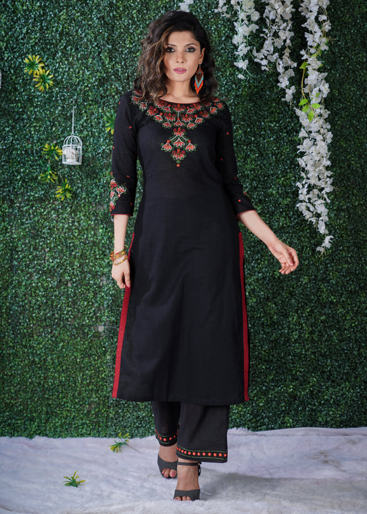 Black Cotton Kurta with embroidery on yoke & sleeves
