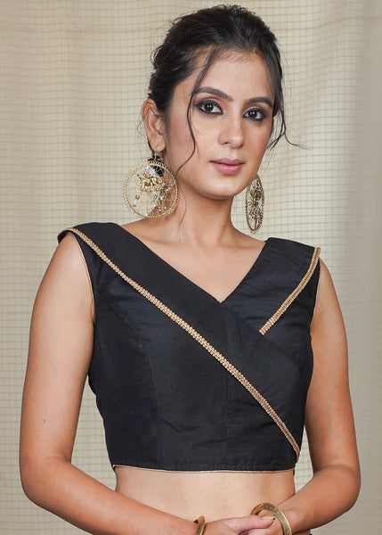 Black Cotton Silk smart Blouse / Crop Top with Golden lace and overlapping flaps