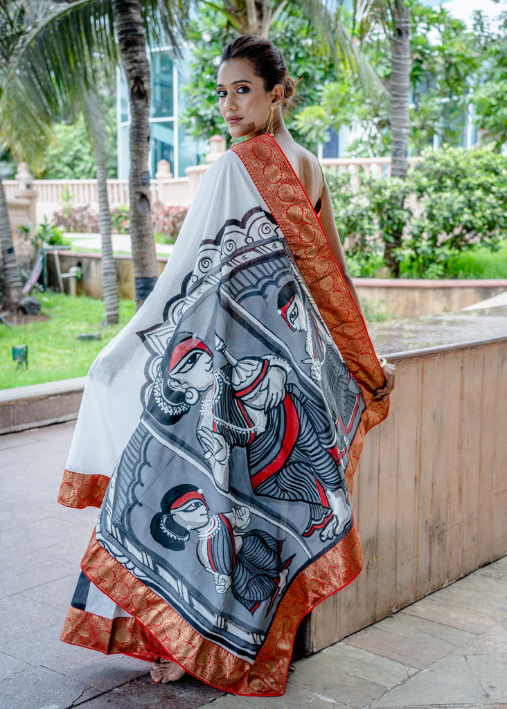 Exquisite white and black Chanderi handpainted saree with banarasi border