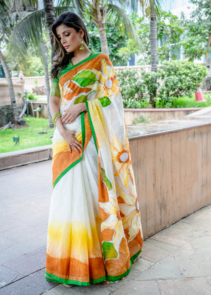 Fancy Cotton Floral handpainted saree with delicate moti work