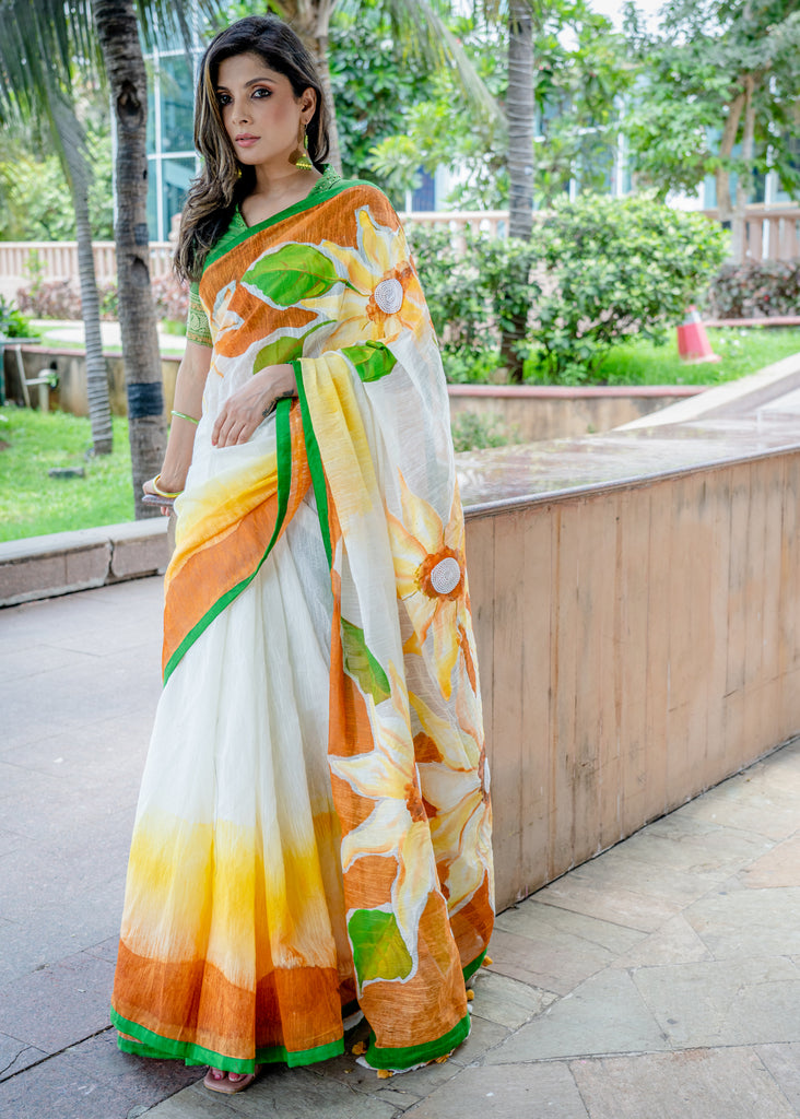 Fancy Cotton Floral handpainted saree with delicate moti work