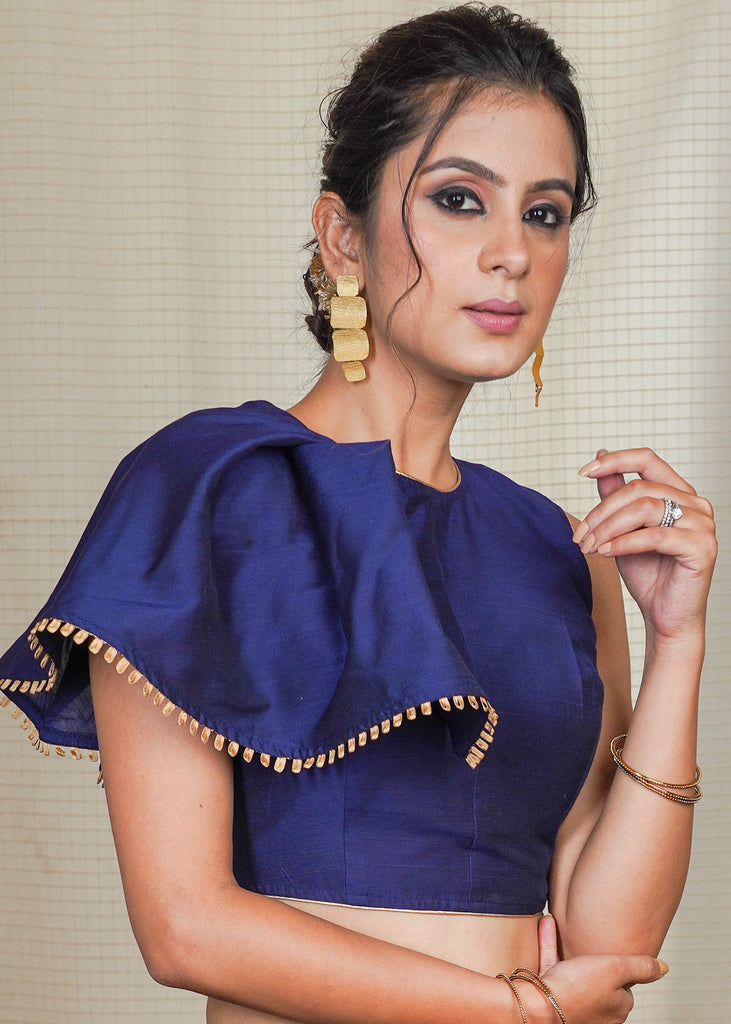 Blue cotton silk Smart Blouse / Crop Top with flaired laced designer sleeves on the right side
