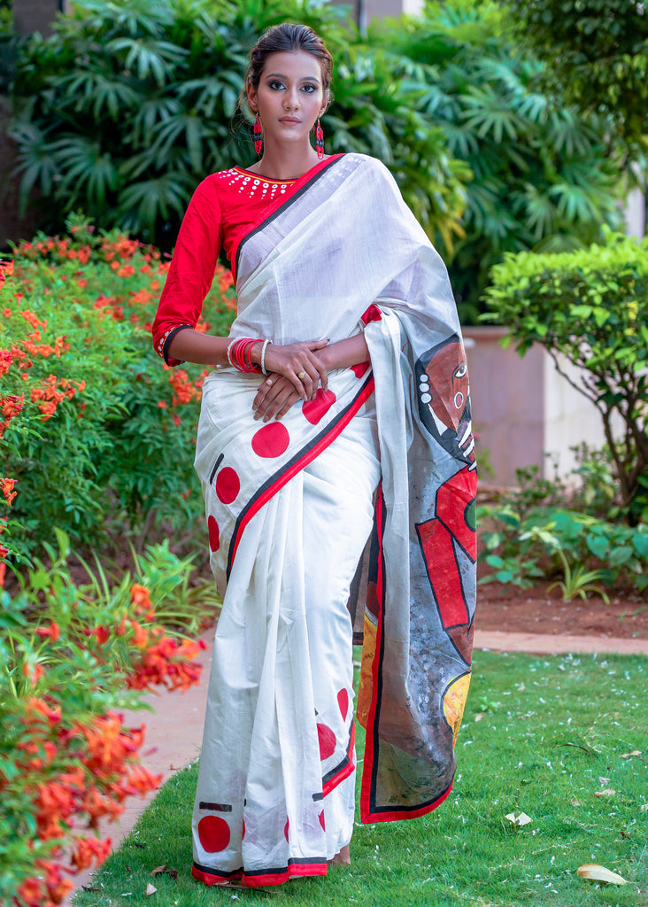 Chanderi white saree with red handpainted modern art