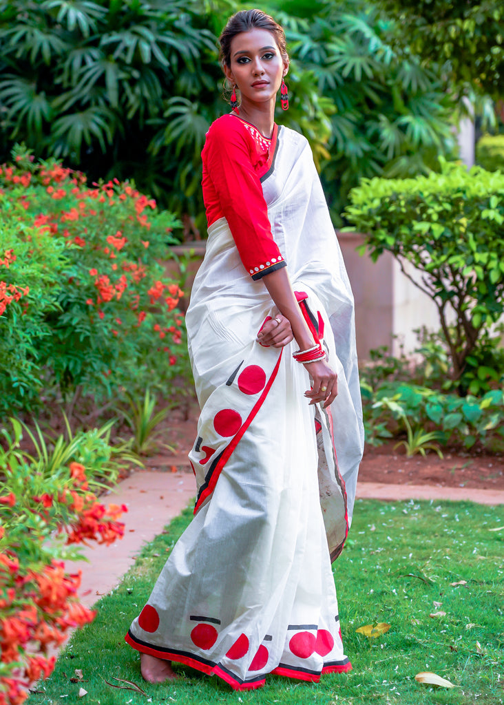 Chanderi white saree with red handpainted modern art