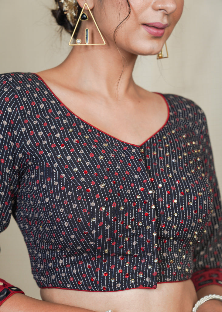 Black Cotton Ajrakh Blouse with Hand Mirror & Stone work on the front Panel and Sleeves