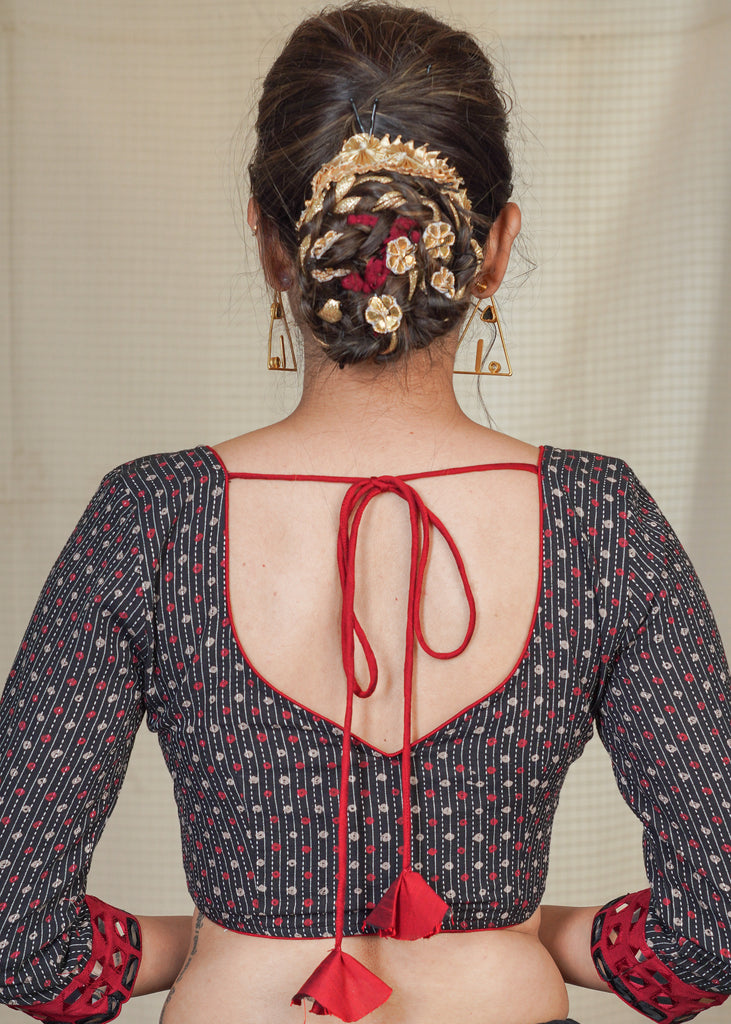 Black Cotton Ajrakh Blouse with Hand Mirror & Stone work on the front Panel and Sleeves