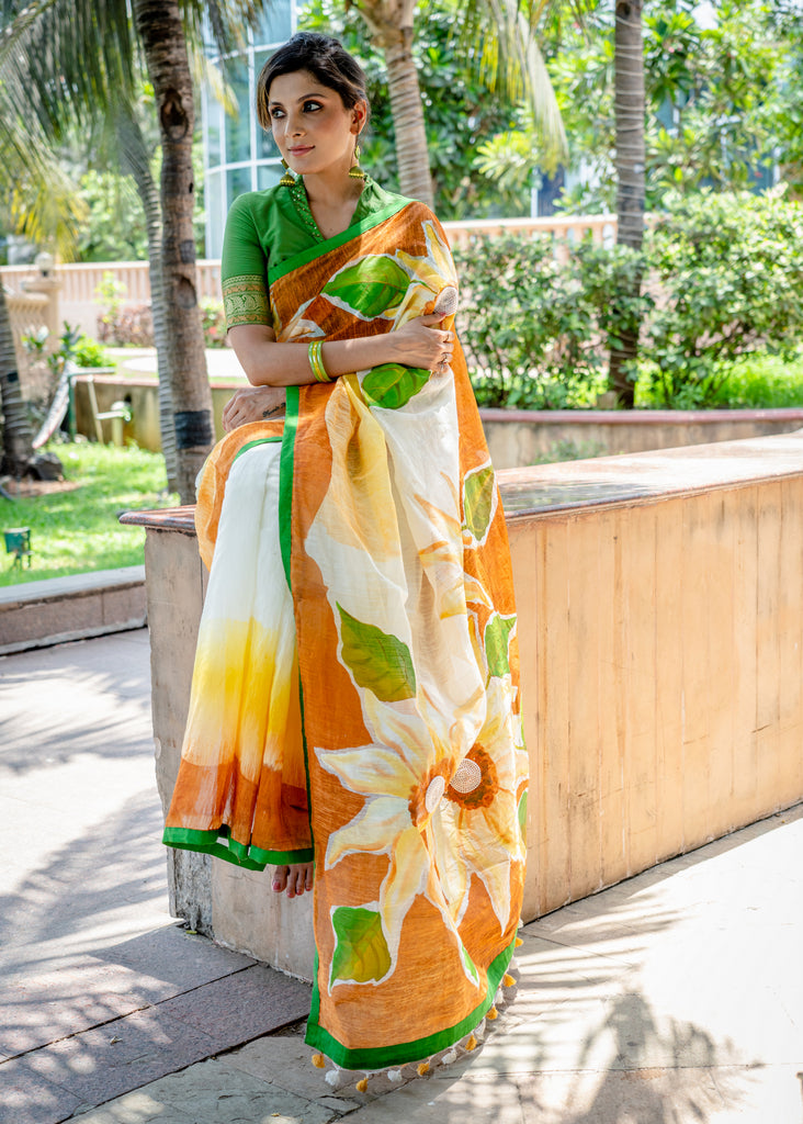 Fancy Cotton Floral handpainted saree with delicate moti work