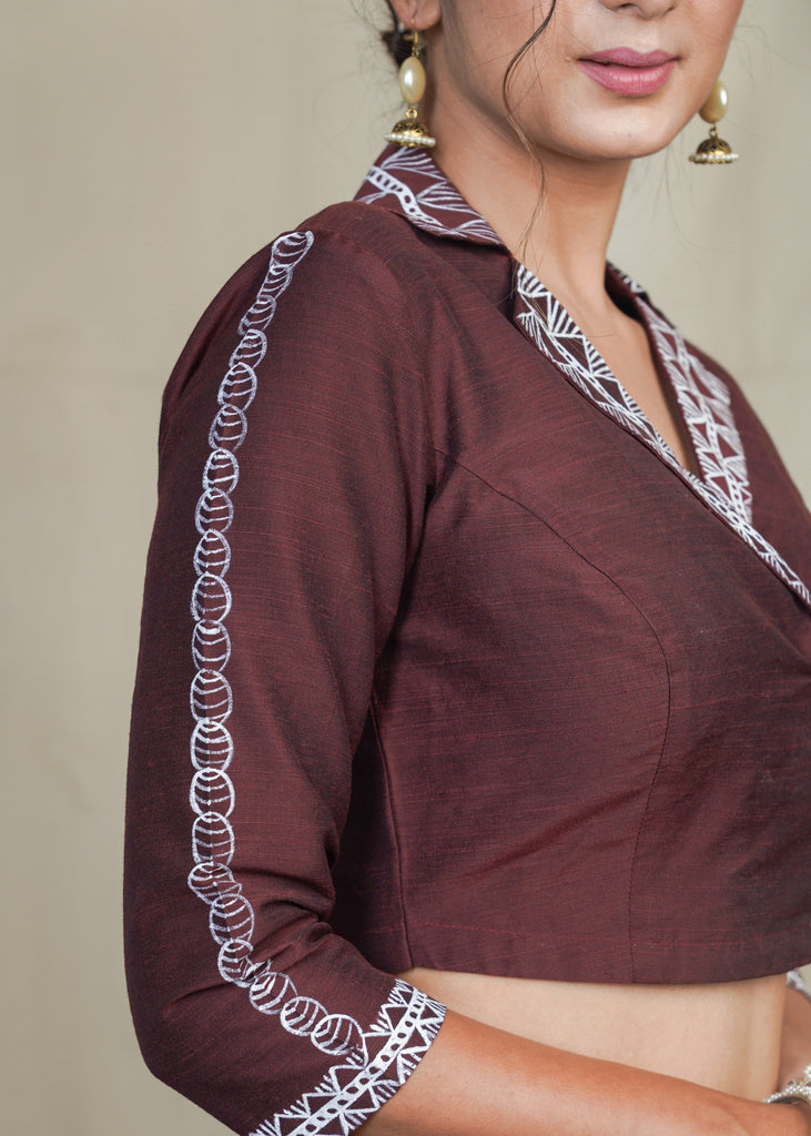 Classy Coffee Brown Collared  Cotton Silk Hand Painted Blouse