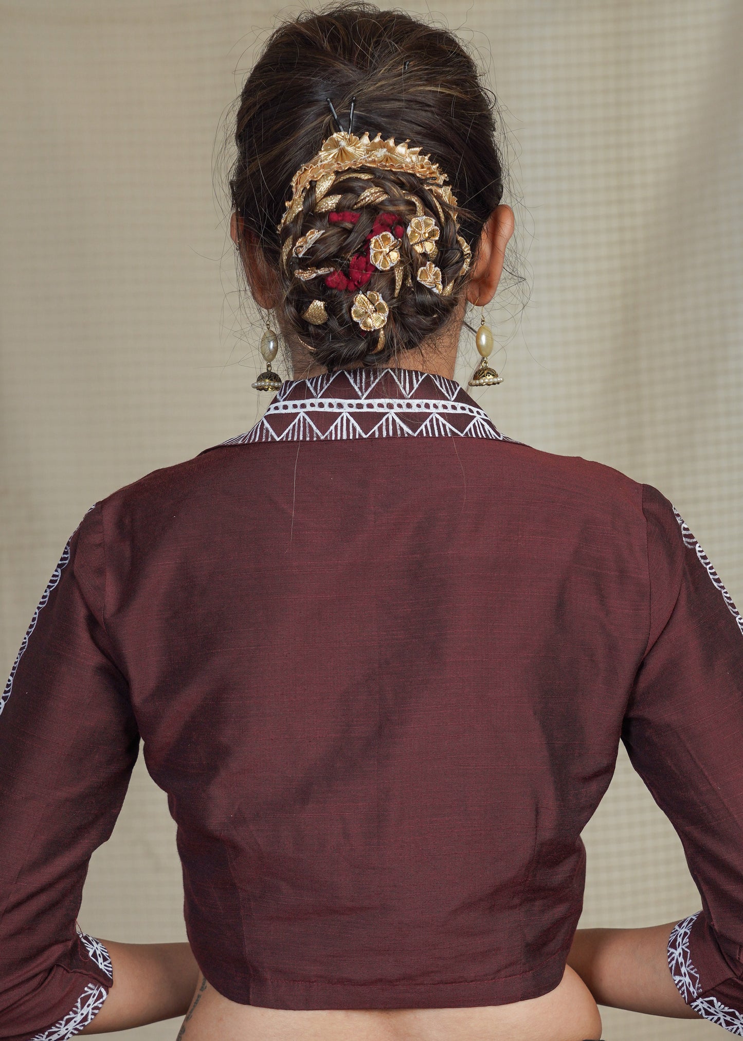 Classy Coffee Brown Collared Cotton Silk Hand Painted Blouse
