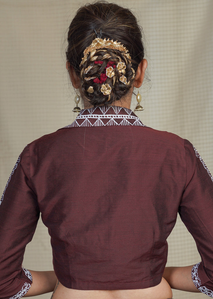 Classy Coffee Brown Collared  Cotton Silk Hand Painted Blouse