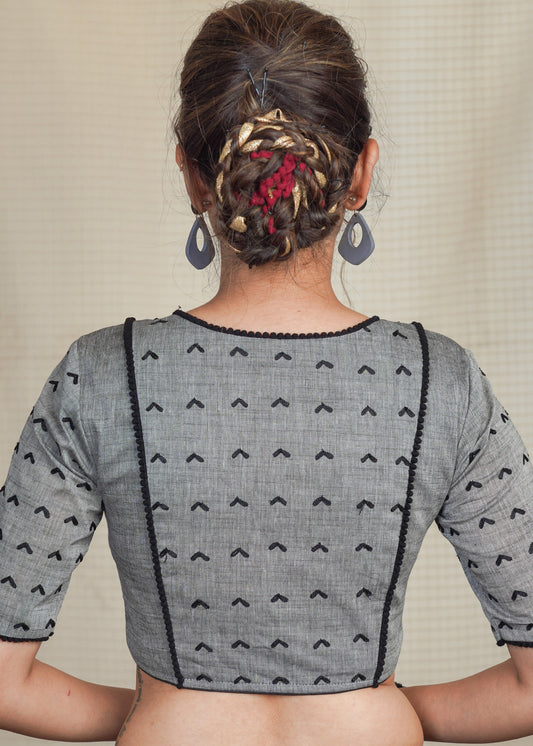Grey Cotton Handloom Blouse with Embroidery work all over and pom pom lace . Lining Given