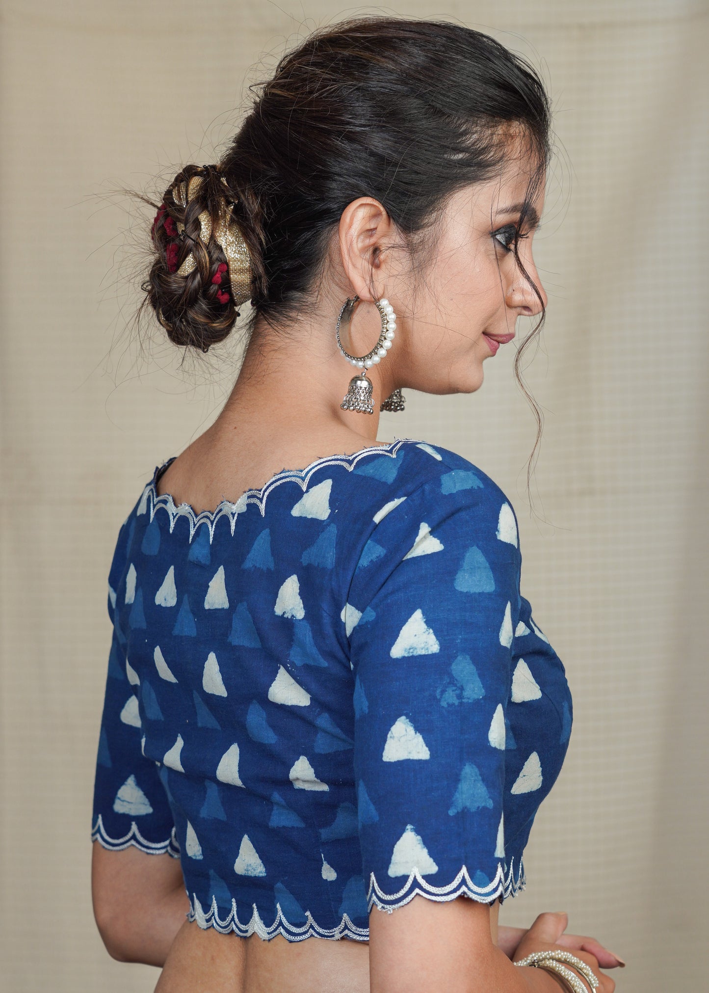 Cotton Indigo Blouse With Scalloped Neck, Sleeves and Hem