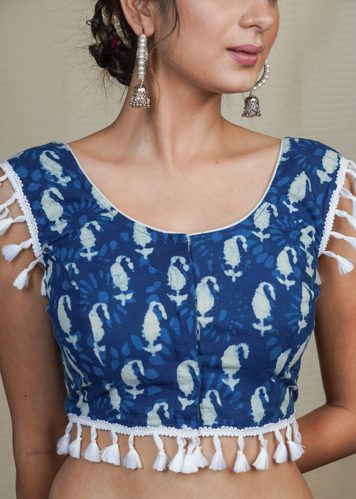 Cotton Indigo Blouse with Tassles on sleeves and Hem