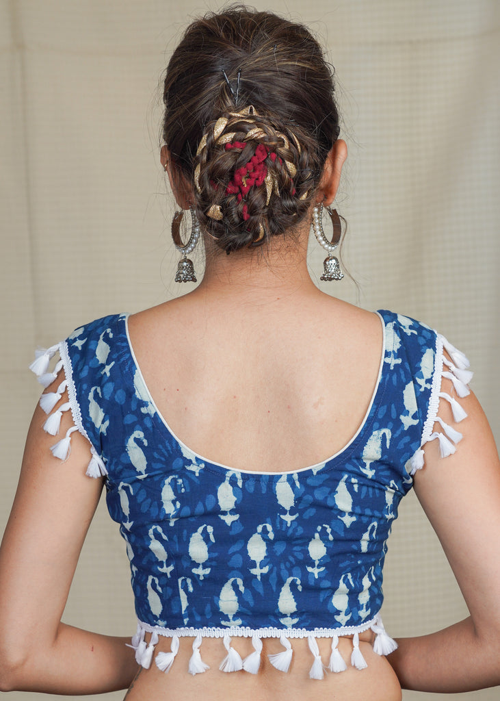 Cotton Indigo Blouse with Tassles on sleeves and Hem