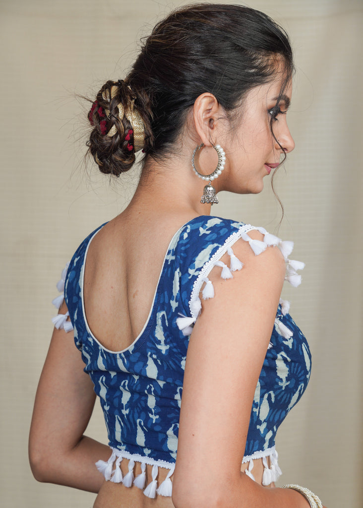 Cotton Indigo Blouse with Tassles on sleeves and Hem