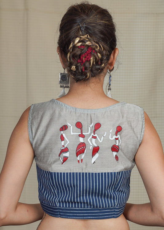 Striped Cotton Indigo Blouse with Exclusive Hand Painting on Chanderi Fabric