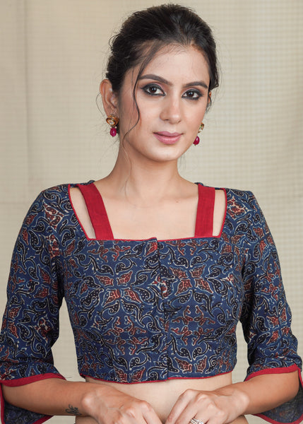 Blue Cotton Ajrakh Blouse With Maroon Straps