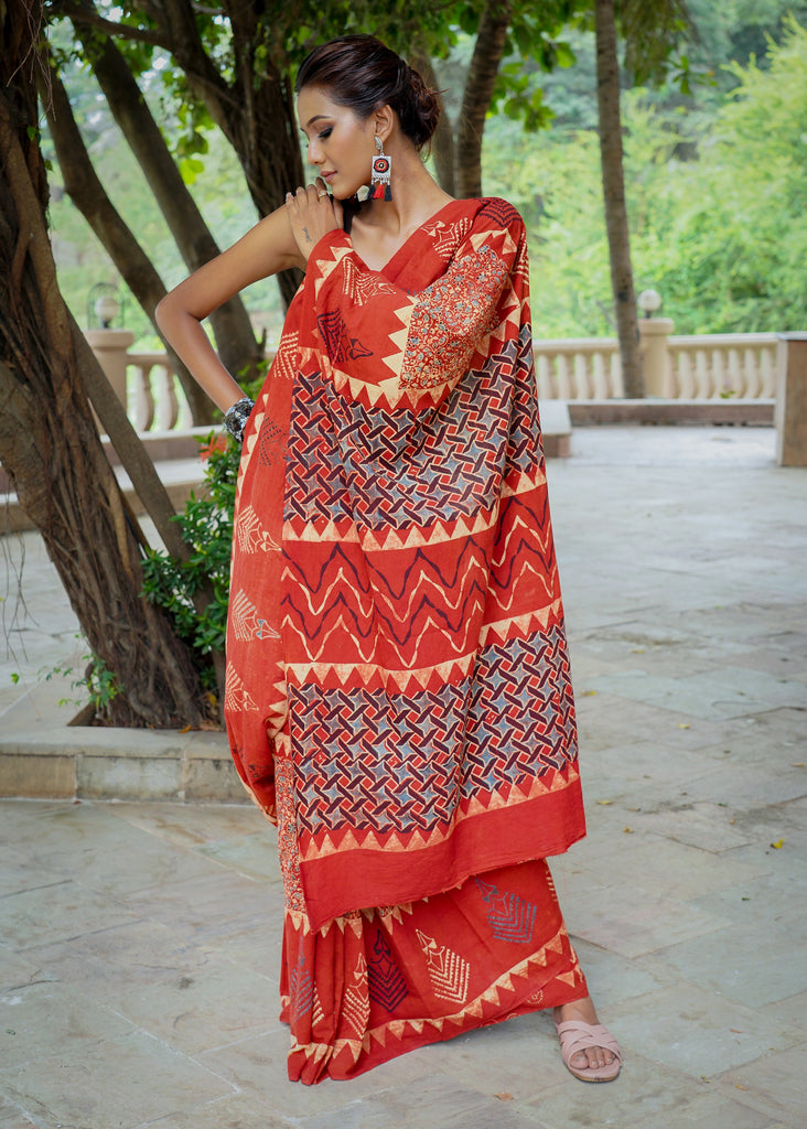 Unique designer red cotton Ajrakh saree