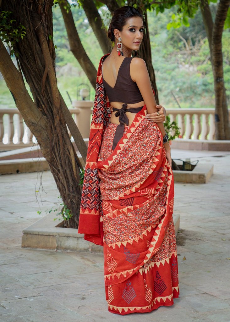 Unique designer red cotton Ajrakh saree