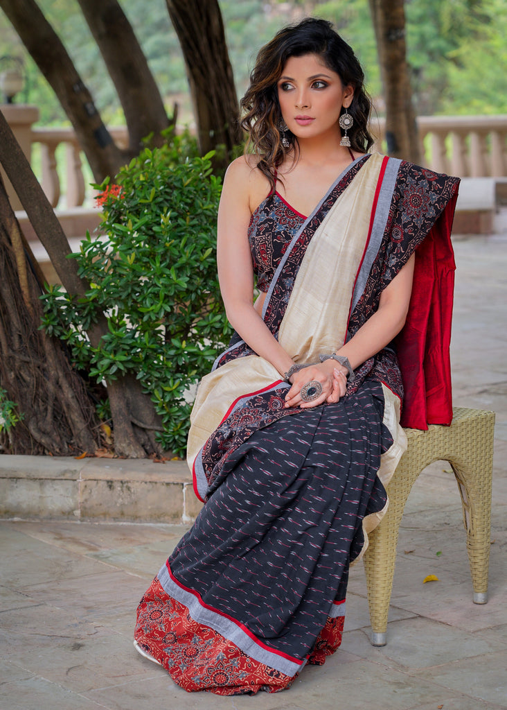 Exclusive black cotton Ikat & Ajrakh combination saree