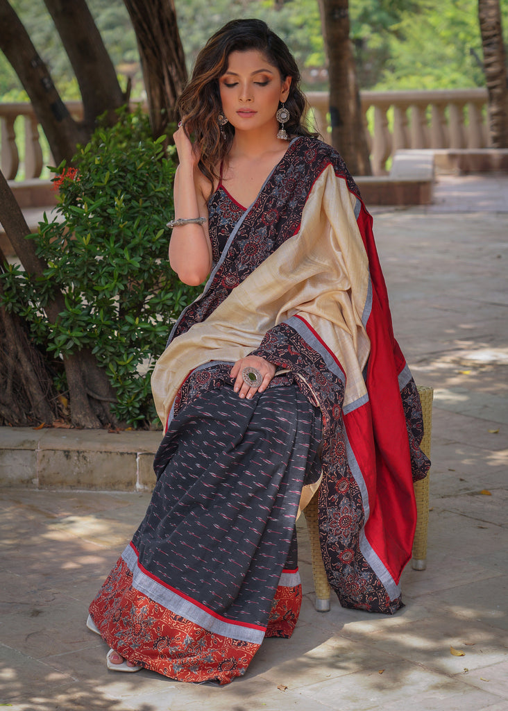 Exclusive black cotton Ikat & Ajrakh combination saree