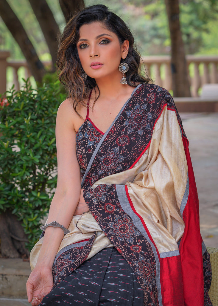 Exclusive black cotton Ikat & Ajrakh combination saree