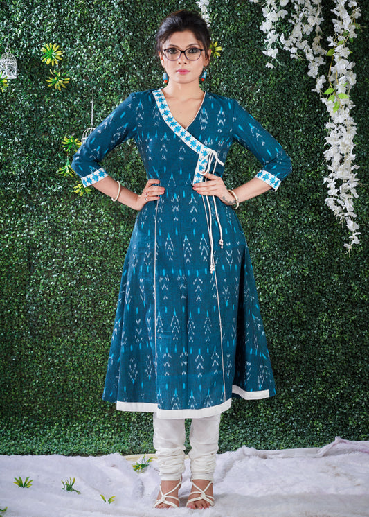 Turquoise Blue cotton ikat kurta in Angarkha style with embroidery on Neck & Sleeves