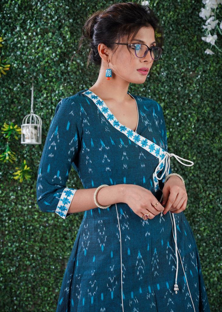 Turquoise Blue cotton ikat kurta in Angarkha style with embroidery on Neck & Sleeves
