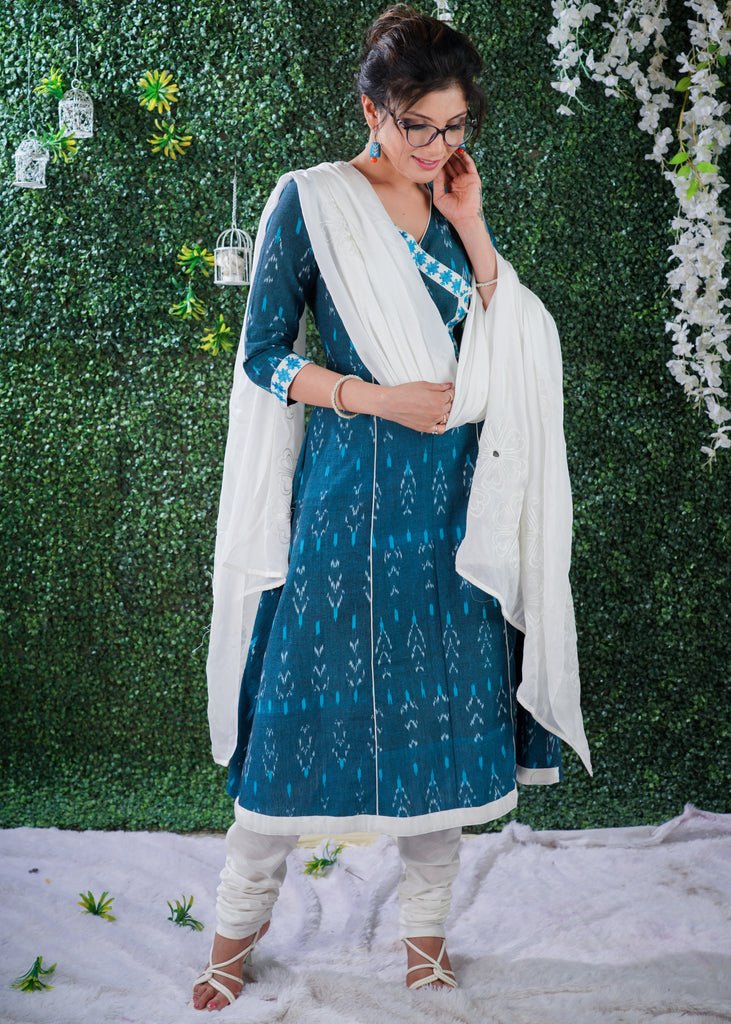 Turquoise Blue cotton ikat kurta in Angarkha style with embroidery on Neck & Sleeves