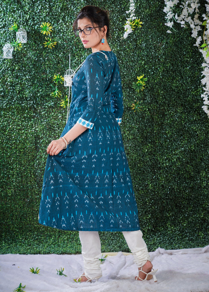 Turquoise Blue cotton ikat kurta in Angarkha style with embroidery on Neck & Sleeves