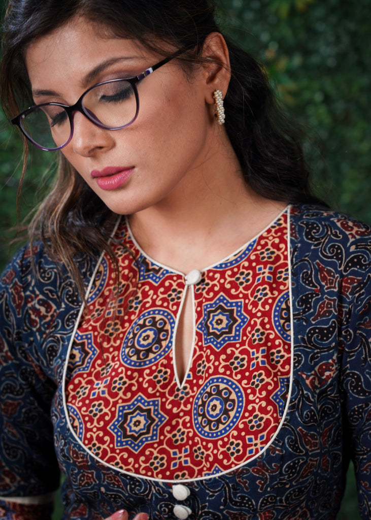 Navy Blue cotton Ajrakh kurta with Red Ajrakh yoke