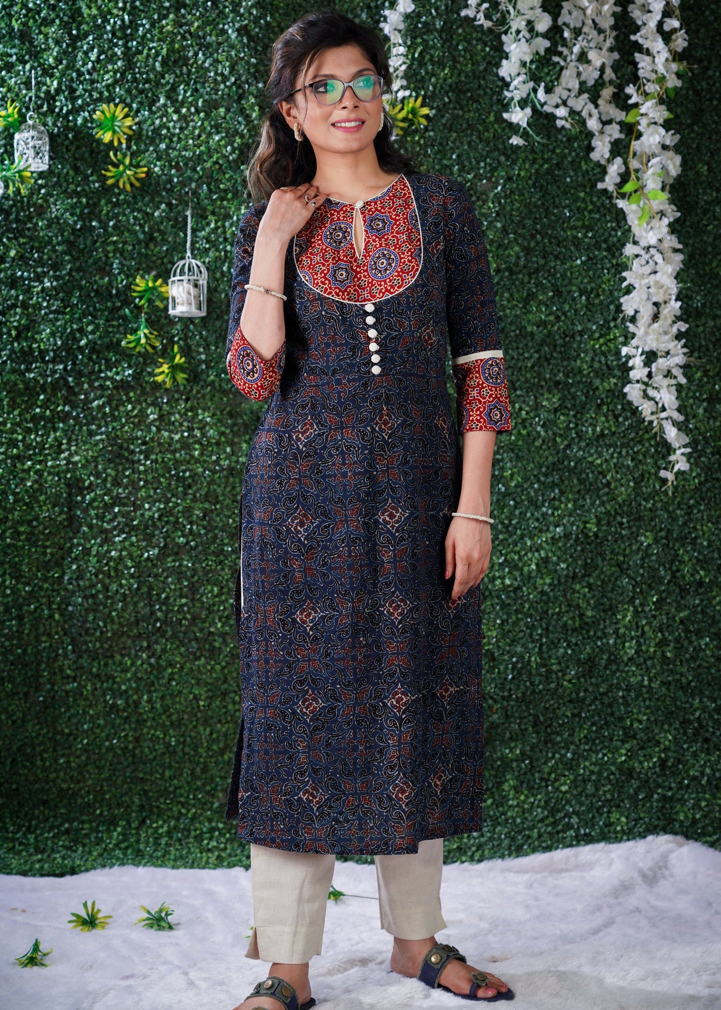 Navy Blue cotton Ajrakh kurta with Red Ajrakh yoke