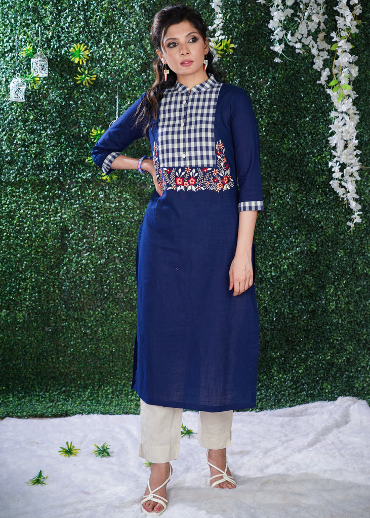 Navy Blue cotton kurta with Checks Yoke & Embroidery
