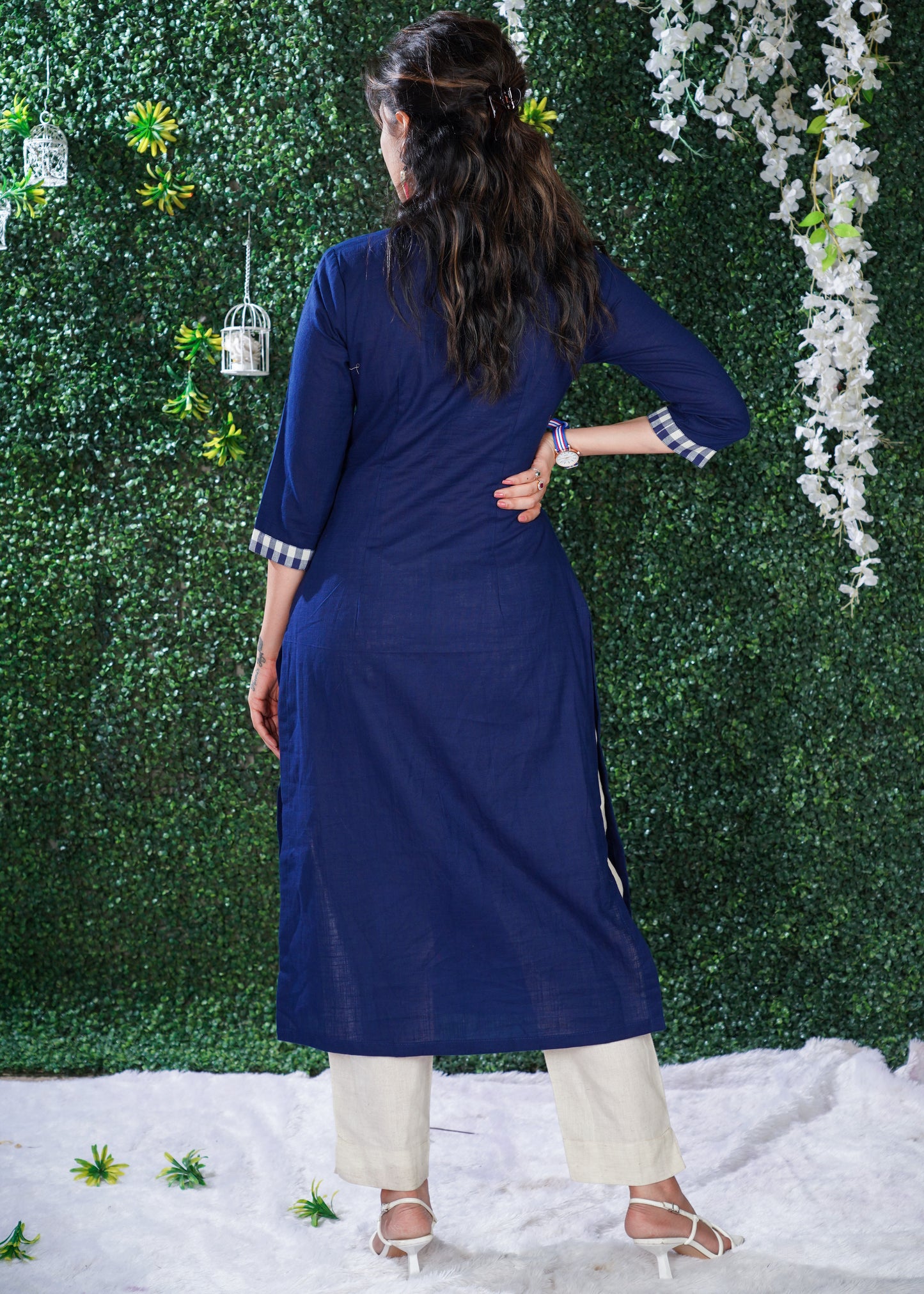 Navy Blue cotton kurta with Checks Yoke & Embroidery