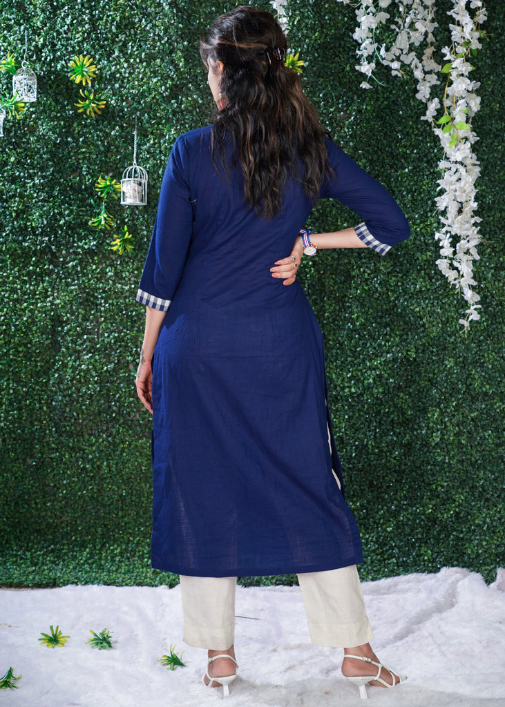 Navy Blue cotton kurta with Checks Yoke & Embroidery