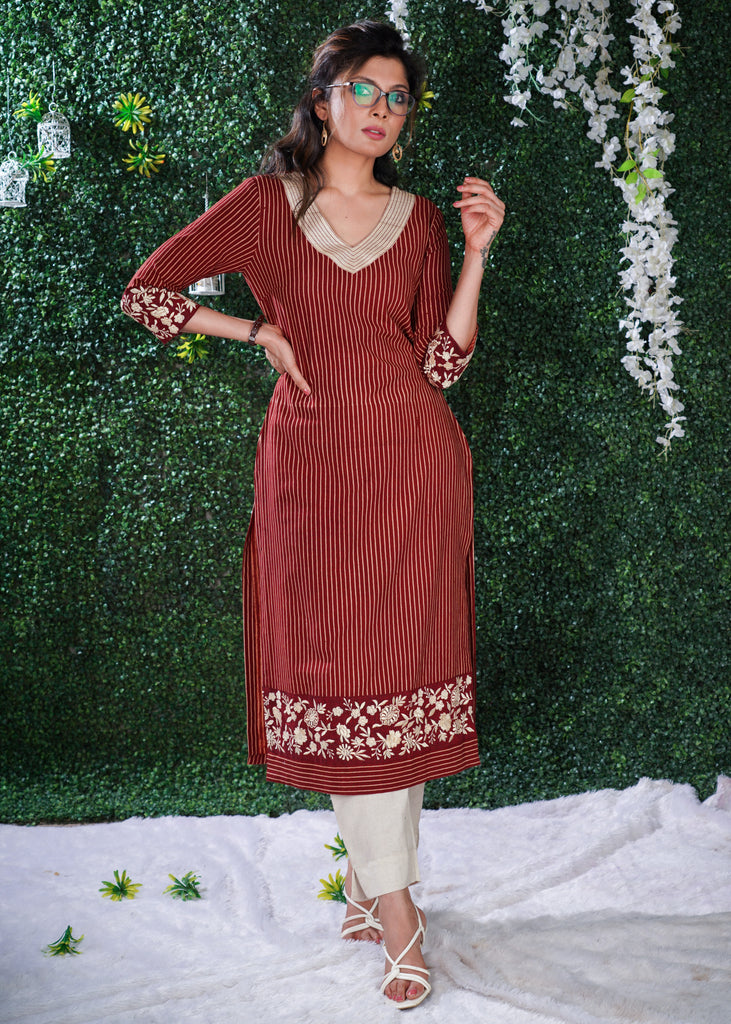 Maroon Cotton Ajrakh striped kurta with embroidery on hem & sleeves and smart Neck Pattern