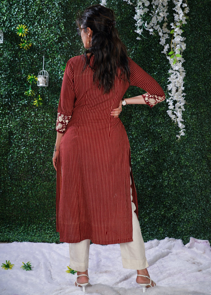 Maroon Cotton Ajrakh striped kurta with embroidery on hem & sleeves and smart Neck Pattern