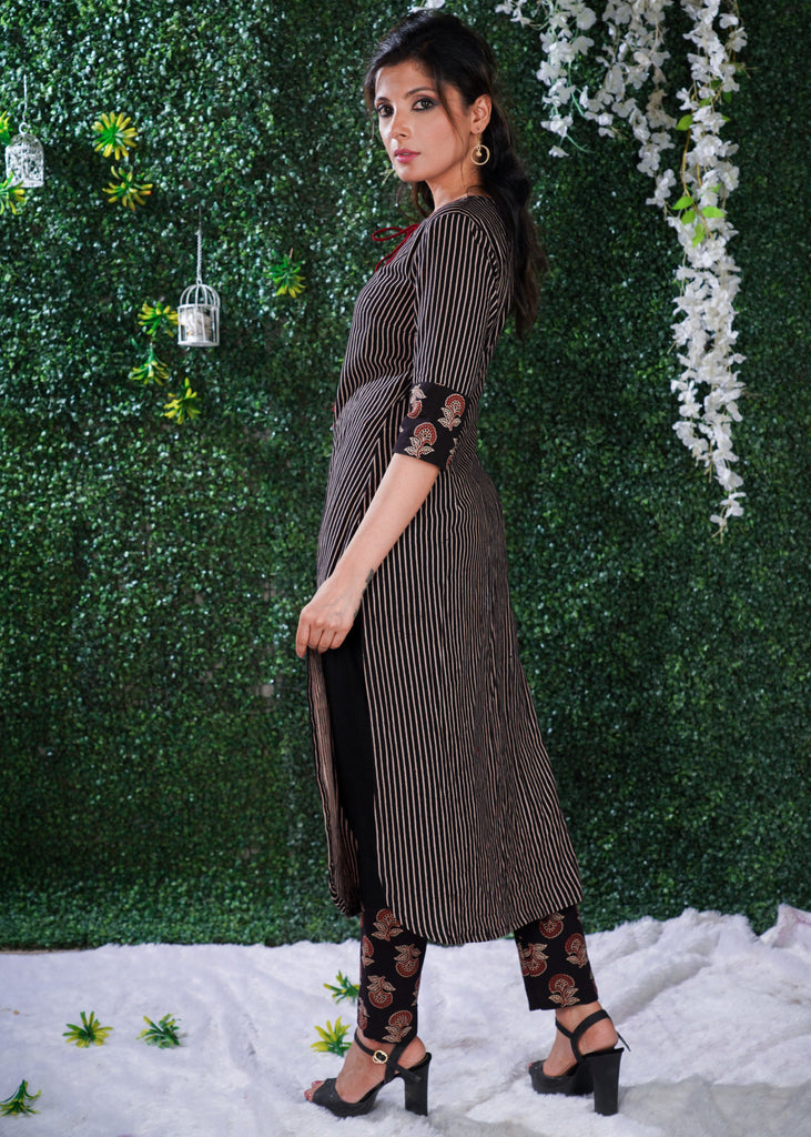 Black Cotton Ajrakh striped kurta with Ajrakh on sleeves