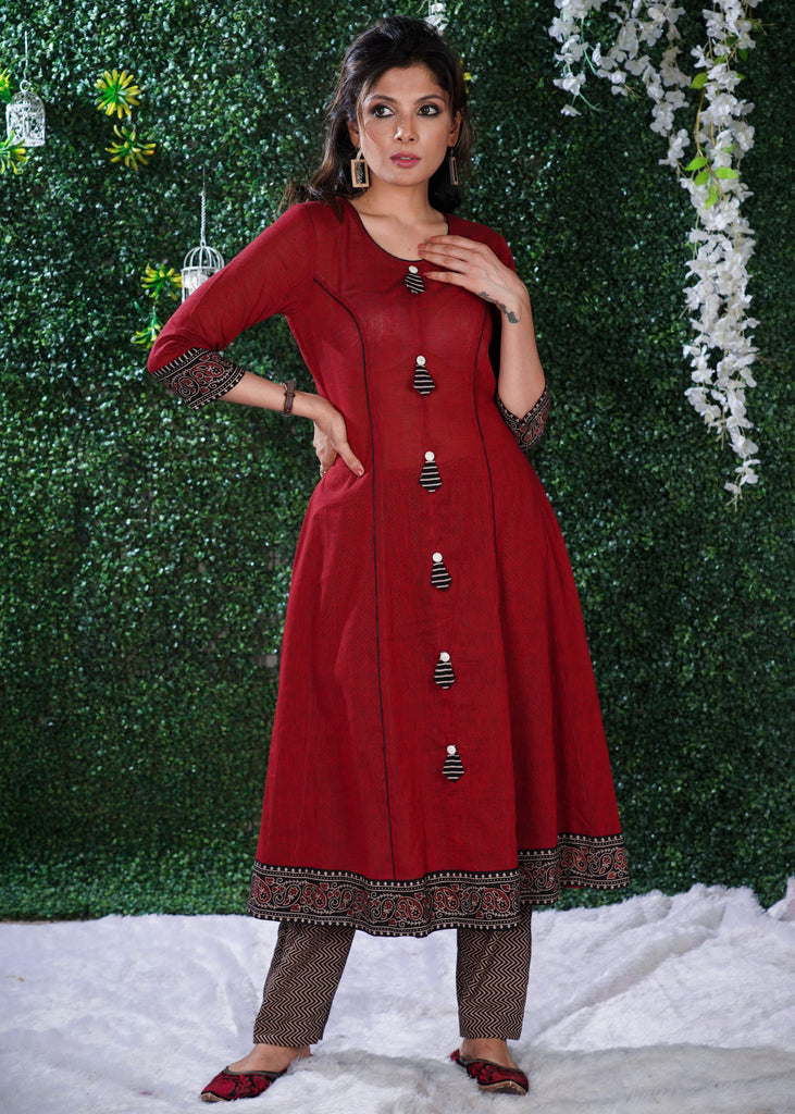 Simple Elegant Maroon Cotton kurta with Ajrak Border