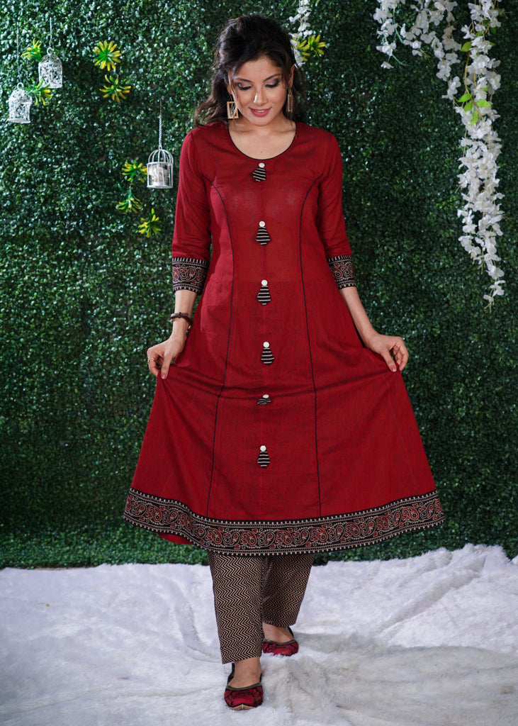 Simple Elegant Maroon Cotton kurta with Ajrak Border