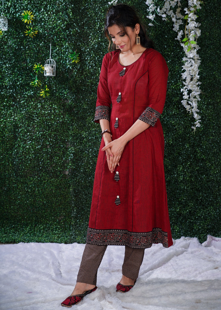 Simple Elegant Maroon Cotton kurta with Ajrak Border