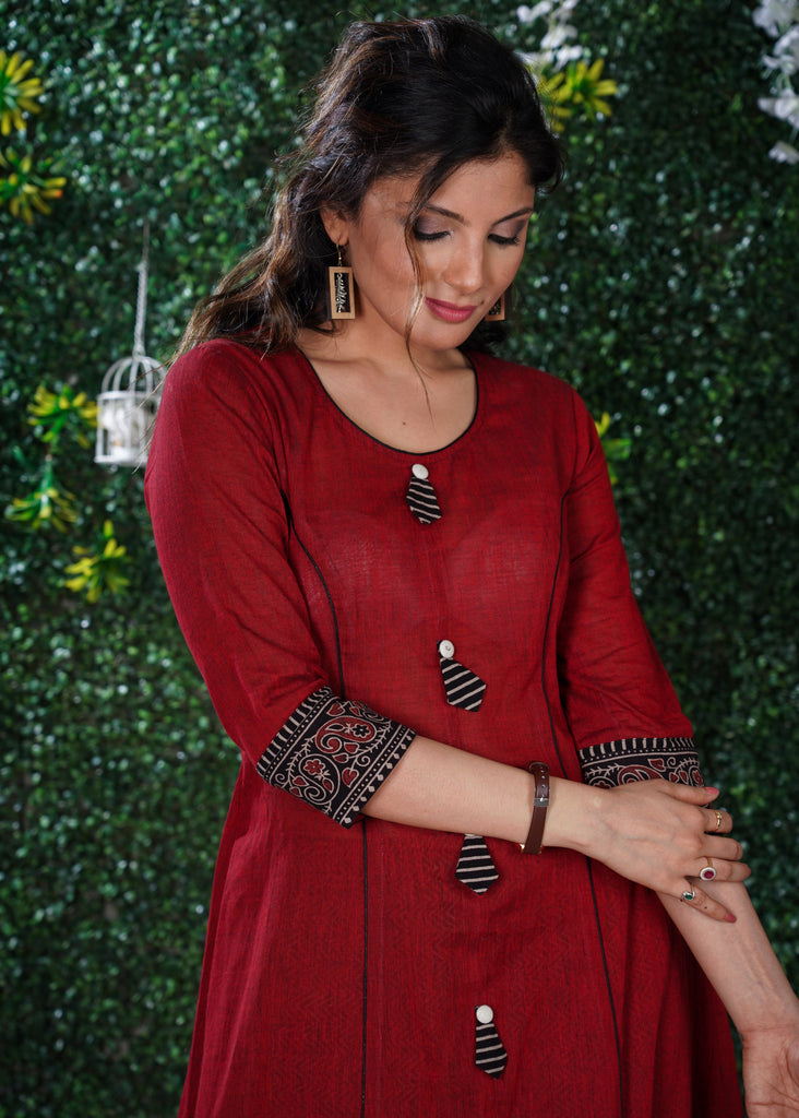 Simple Elegant Maroon Cotton kurta with Ajrak Border